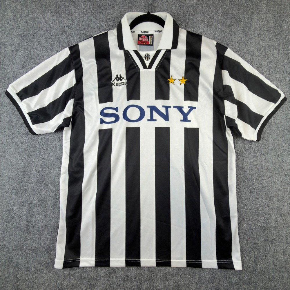 Vintage Kappa Juventus Sony Jersey 90s Black White Striped Soccer Shirt XL Italy